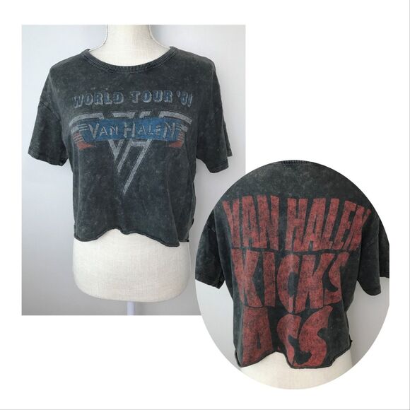 Van Halen Band T-Shirt Womens Small World Tour ’81 Graphic 2018 Cropped Bleached - Picture 1 of 9